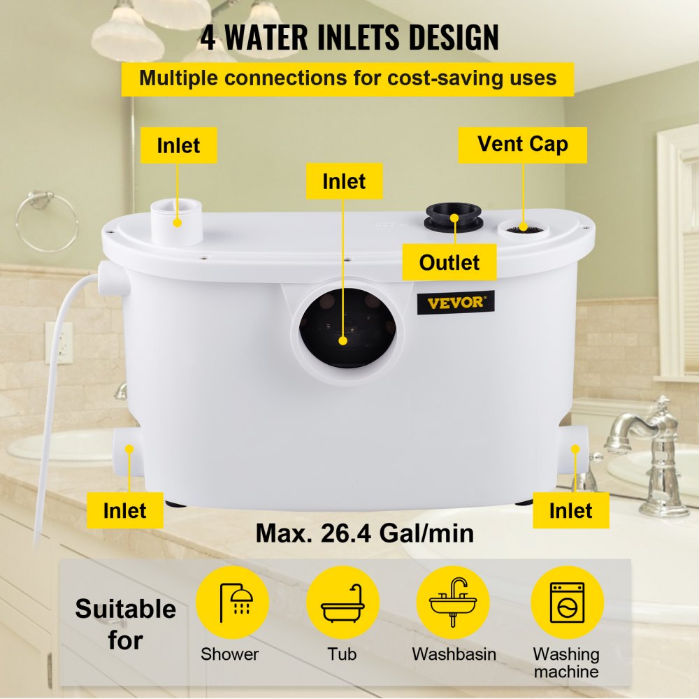 VEVOR Macerator Pump, 400W Macerator Toilet Pump, w/ 4 Water Inlets Macerating Pump, Toilet Sewerage Pump for Basement, Kitchen, Sink, Shower, Waste Water Disposal Upflush Pump, Elevation up to 21ft