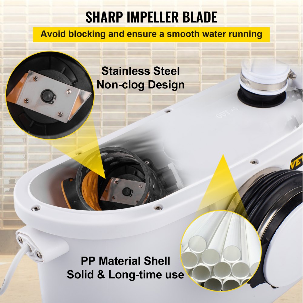 VEVOR Macerator Pump, 400W Macerator Toilet Pump, w/ 4 Water Inlets Macerating Pump, Toilet Sewerage Pump for Basement, Kitchen, Sink, Shower, Waste Water Disposal Upflush Pump, Elevation up to 21ft