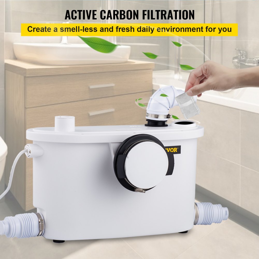 VEVOR Macerator Pump, 400W Macerator Toilet Pump, w/ 4 Water Inlets Macerating Pump, Toilet Sewerage Pump for Basement, Kitchen, Sink, Shower, Waste Water Disposal Upflush Pump, Elevation up to 21ft