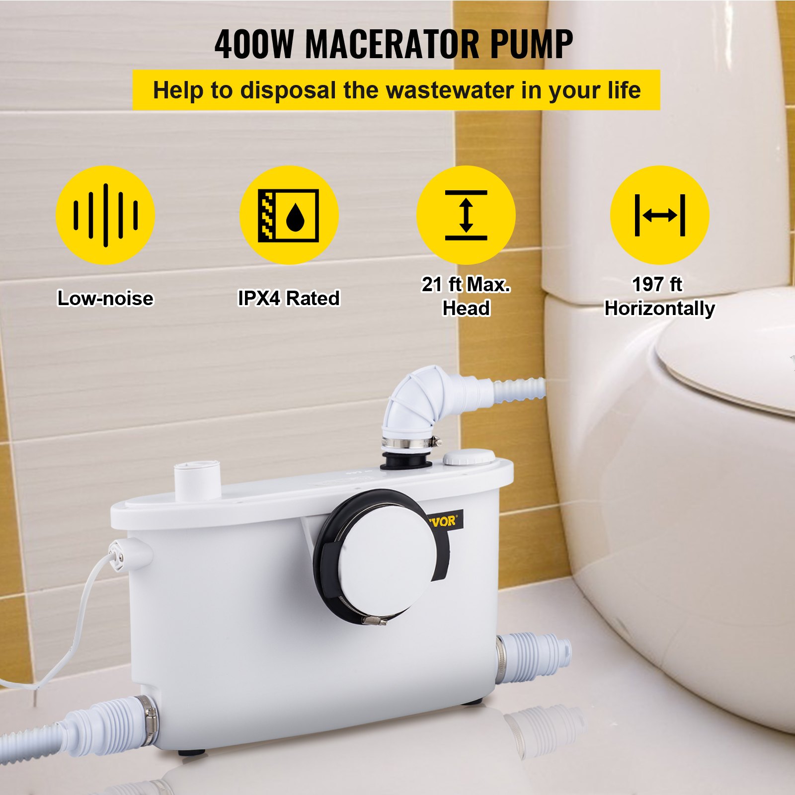VEVOR Macerator Pump, 400W Macerator Toilet Pump, w/ 4 Water Inlets Macerating Pump, Toilet Sewerage Pump for Basement, Kitchen, Sink, Shower, Waste Water Disposal Upflush Pump, Elevation up to 21ft