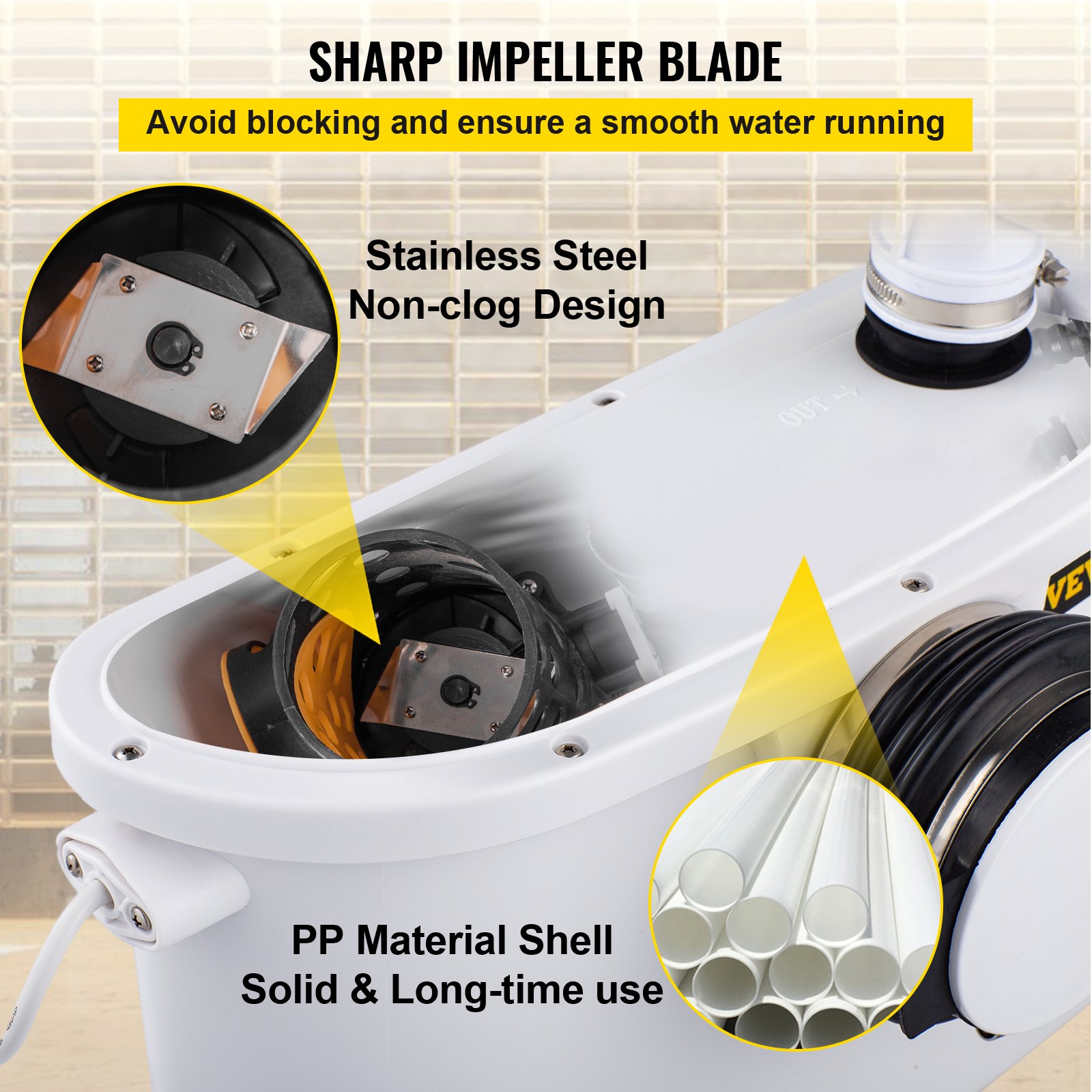 VEVOR Macerator Pump, 400W Macerator Toilet Pump, w/ 4 Water Inlets Macerating Pump, Toilet Sewerage Pump for Basement, Kitchen, Sink, Shower, Waste Water Disposal Upflush Pump, Elevation up to 21ft