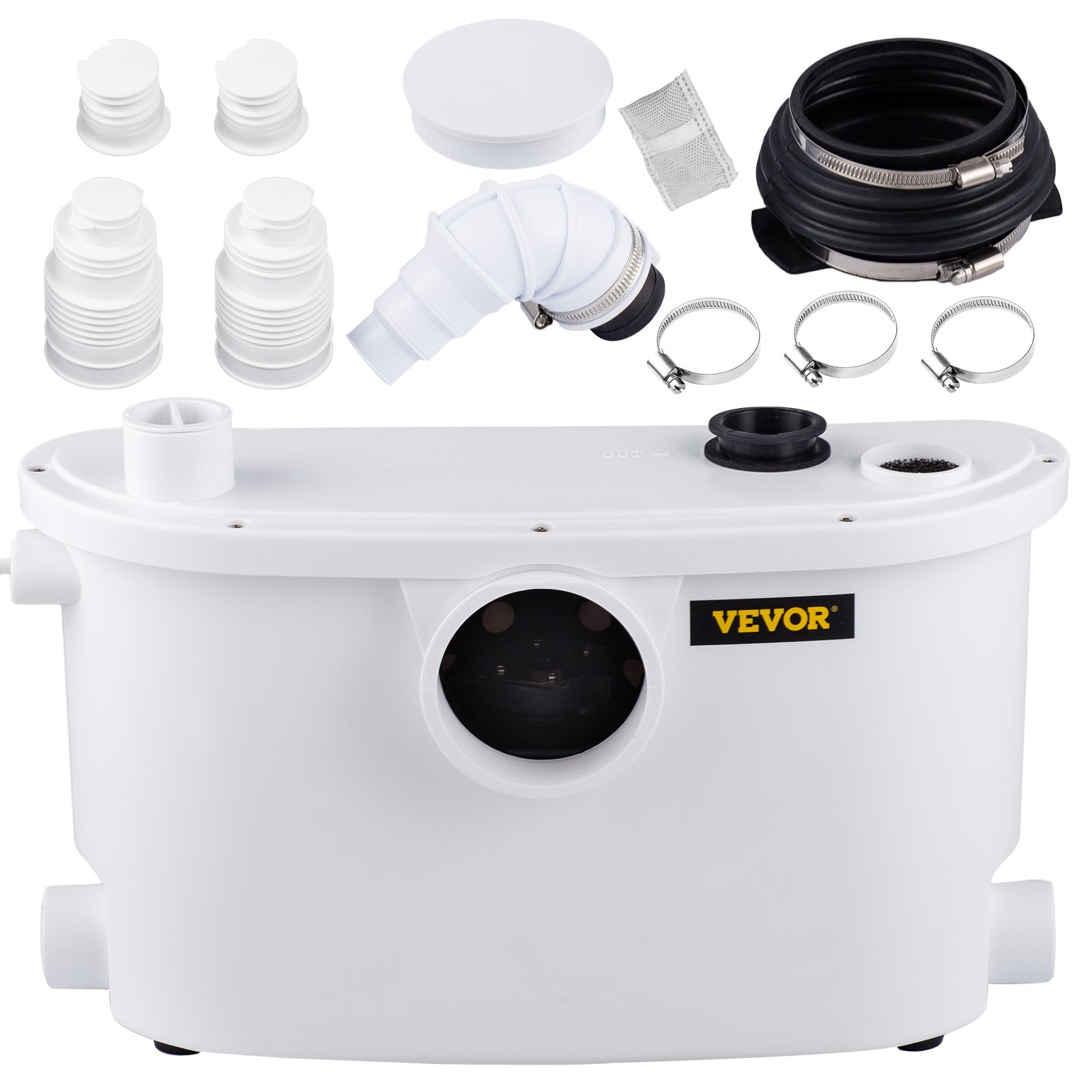 VEVOR Macerator Pump, 400W Macerator Toilet Pump, w/ 4 Water Inlets Macerating Pump, Toilet Sewerage Pump for Basement, Kitchen, Sink, Shower, Waste Water Disposal Upflush Pump, Elevation up to 21ft