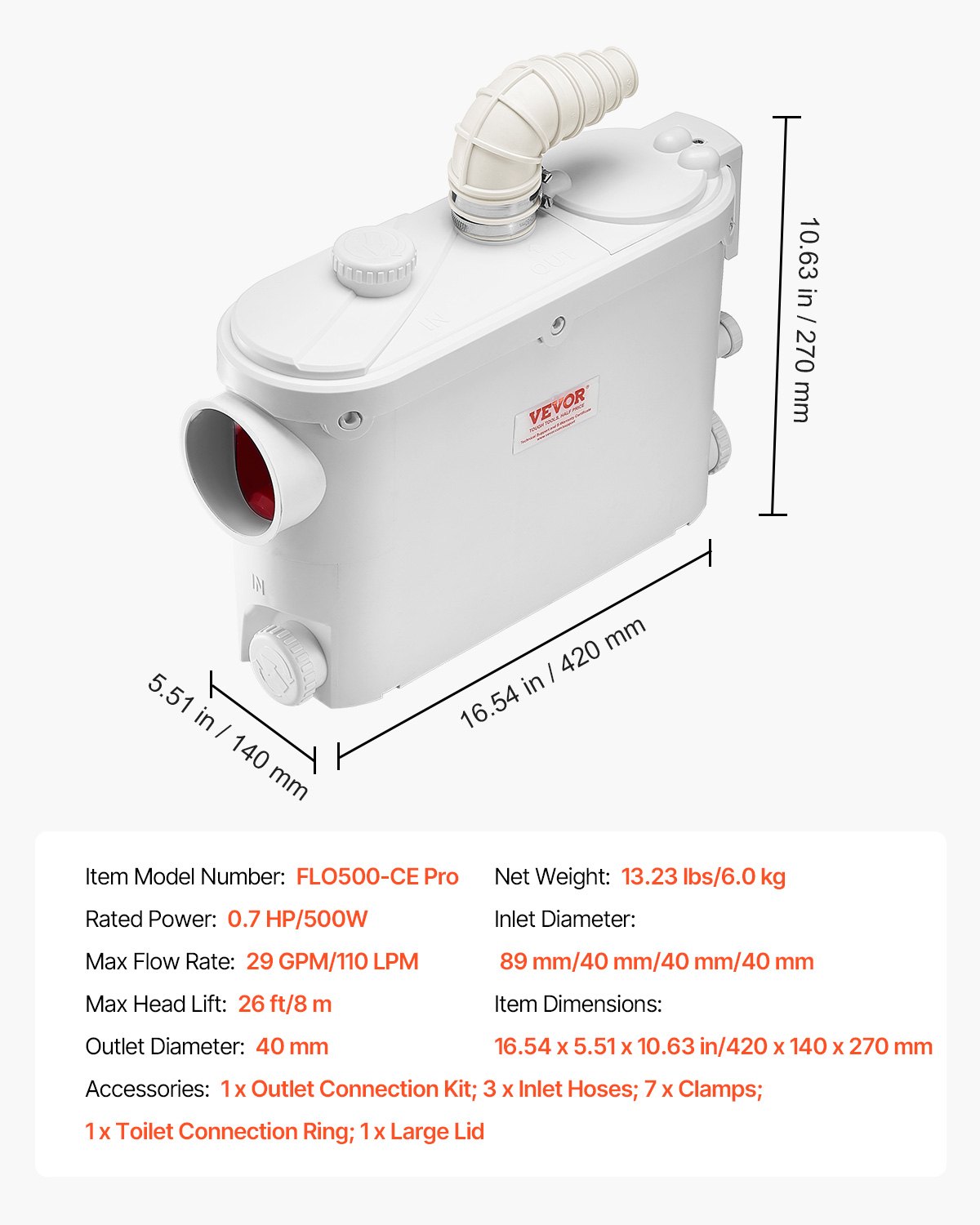 VEVOR Macerator Pump, 500W, 6600 L/h Flow, 26.2 ft/8 m Head, Macerator Sewerage Sump Pump with 3 Water Inlets for Toilet, Basement, Kitchen, Sink, Shower, Bathtub Waste Water Disposal Upflush Machine