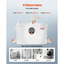 Macerator Pump 1200W 48 GPM Flow 33 ft Head Lift Pump for Toilet Basement Sink