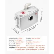 Macerator Pump 1200W 48 GPM Flow 33 ft Head Lift Pump for Toilet Basement Sink