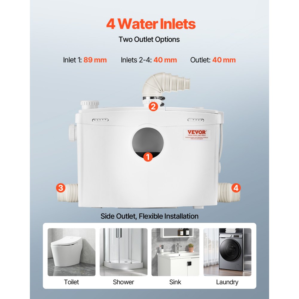 VEVOR Macerator Pump, 1200W, 180 L/min(48 GPM) Flow, 33 ft/10 m Head, Macerator Sewerage Toilet Pump with 4 Water Inlets, Waste Water Disposal Upflush Machine for Toilet, Basement, Shower, Sink, Laundry, Bathtub