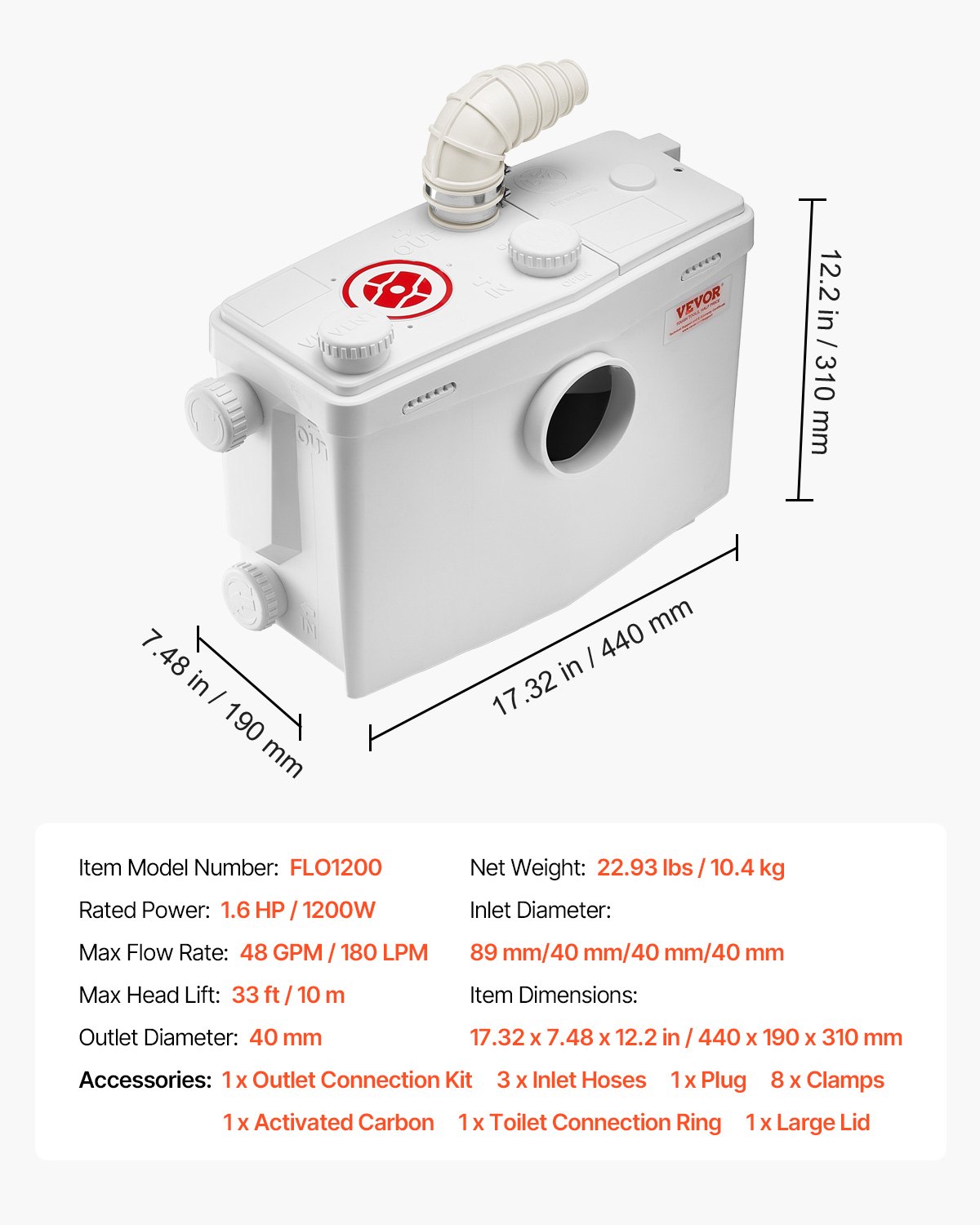 VEVOR Macerator Pump, 1200W, 180 L/min(48 GPM) Flow, 33 ft/10 m Head, Macerator Sewerage Toilet Pump with 4 Water Inlets, Waste Water Disposal Upflush Machine for Toilet, Basement, Shower, Sink, Laundry, Bathtub