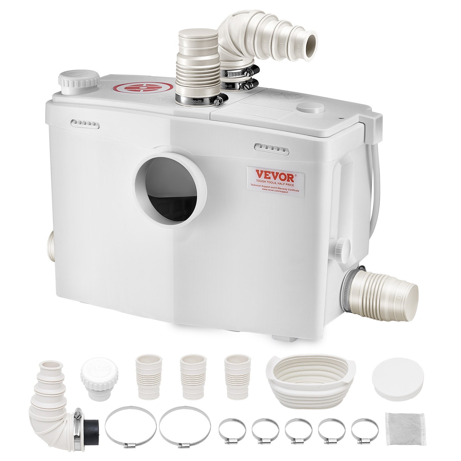 VEVOR Macerator Pump, 1200W, 180 L/min(48 GPM) Flow, 33 ft/10 m Head, Macerator Sewerage Toilet Pump with 4 Water Inlets, Waste Water Disposal Upflush Machine for Toilet, Basement, Shower, Sink, Laundry, Bathtub