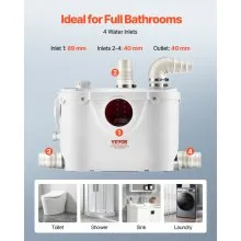 Macerator Pump 500W 29 GPM Flow 26 ft Head Lift Pump for Toilet Basement Sink