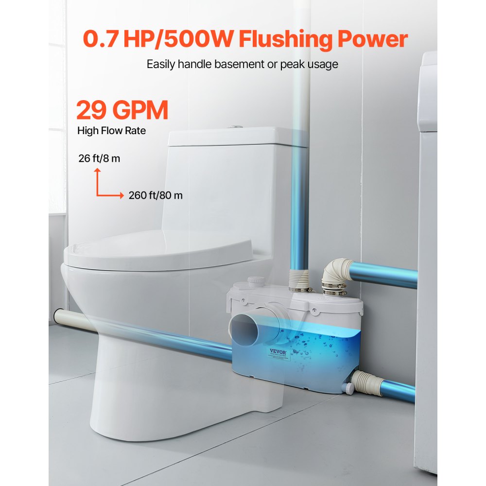 VEVOR Macerator Pump, 500W, 110 L/min(29 GPM) Flow, 26 ft/8 m Head, Macerator Sewerage Toilet Pump with 4 Water Inlets, Waste Water Disposal Upflush Machine for Toilet, Basement, Shower, Sink, Laundry, Bathtub