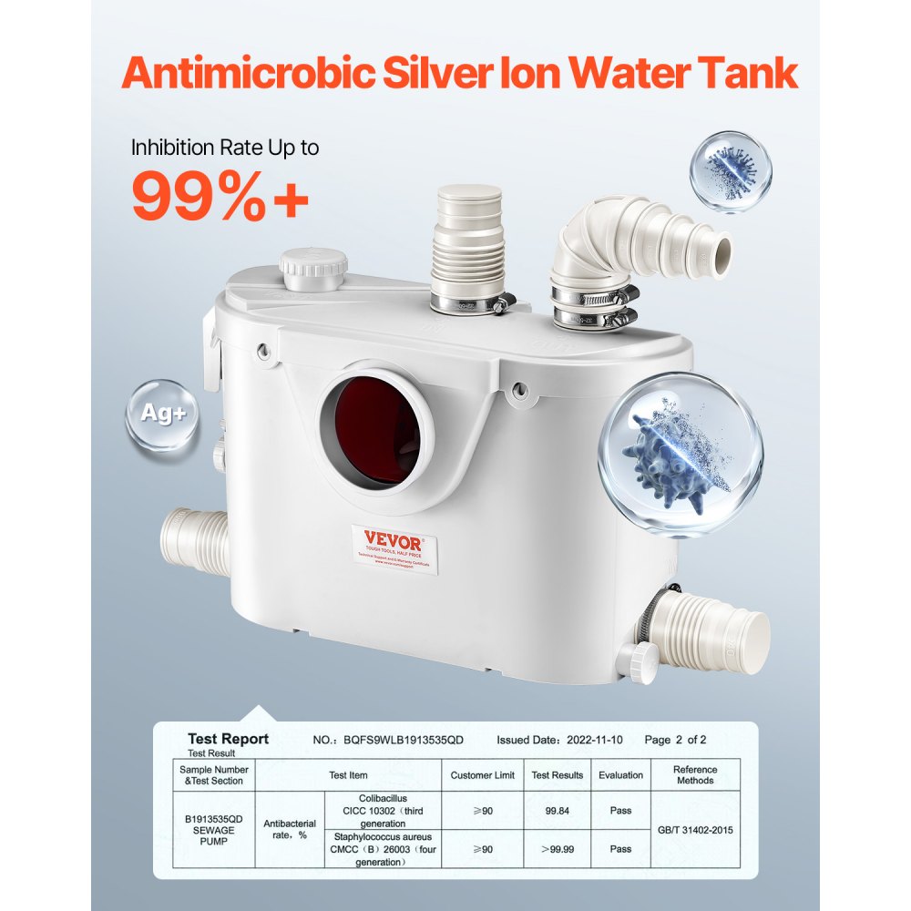 VEVOR Macerator Pump, 500W, 110 L/min(29 GPM) Flow, 26 ft/8 m Head, Macerator Sewerage Toilet Pump with 4 Water Inlets, Waste Water Disposal Upflush Machine for Toilet, Basement, Shower, Sink, Laundry, Bathtub