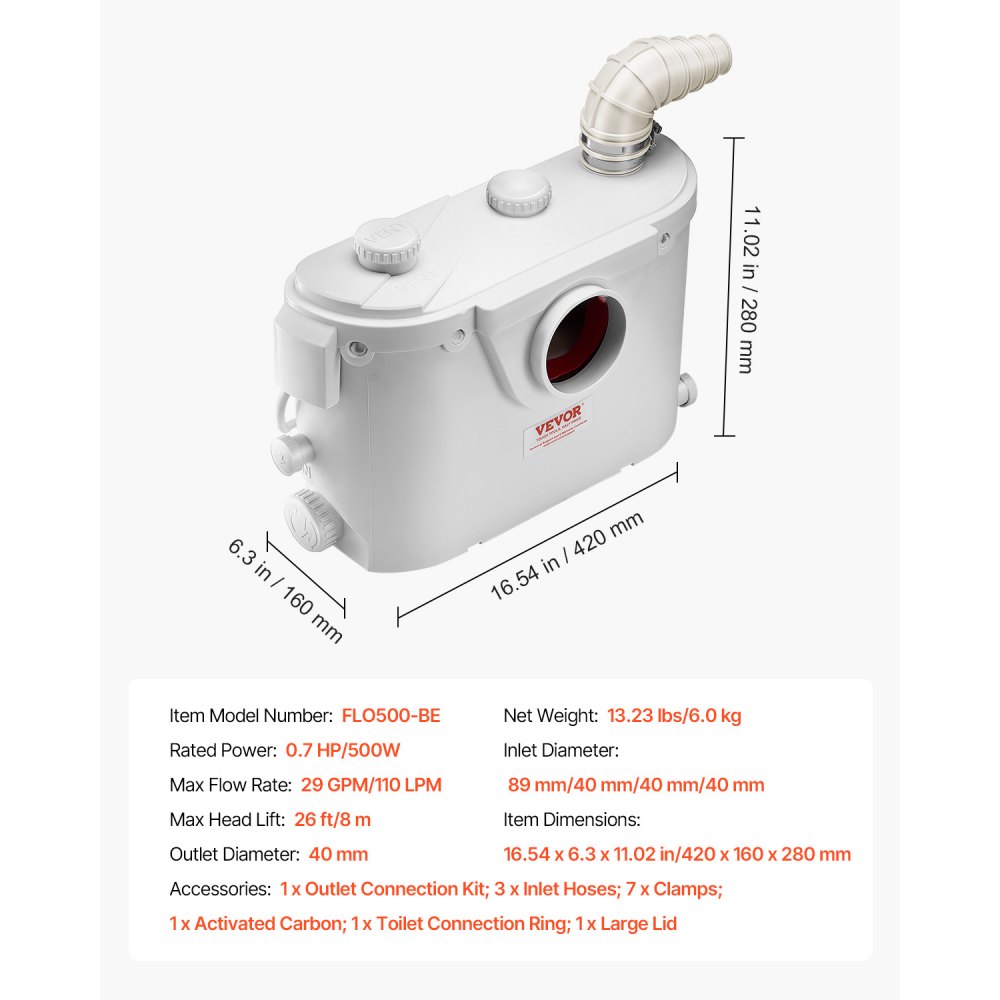 VEVOR Macerator Pump, 500W, 110 L/min(29 GPM) Flow, 26 ft/8 m Head, Macerator Sewerage Toilet Pump with 4 Water Inlets, Waste Water Disposal Upflush Machine for Toilet, Basement, Shower, Sink, Laundry, Bathtub
