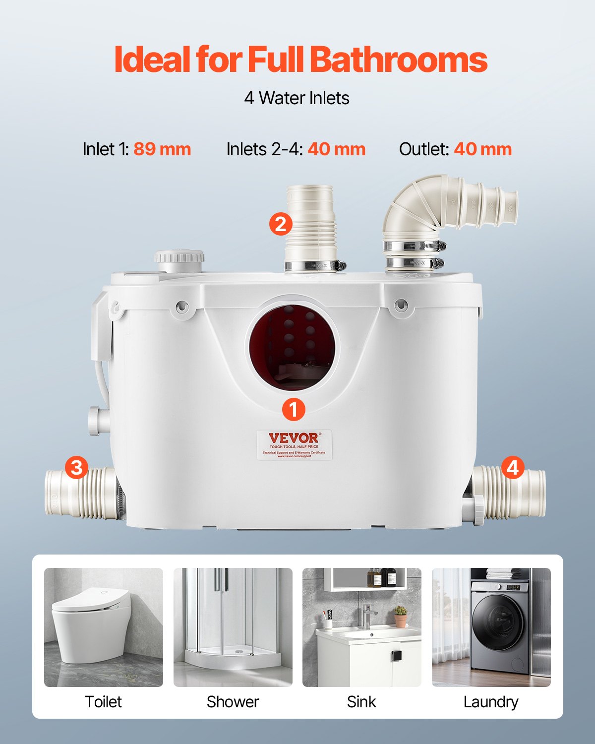 VEVOR Macerator Pump, 500W, 110 L/min(29 GPM) Flow, 26 ft/8 m Head, Macerator Sewerage Toilet Pump with 4 Water Inlets, Waste Water Disposal Upflush Machine for Toilet, Basement, Shower, Sink, Laundry, Bathtub