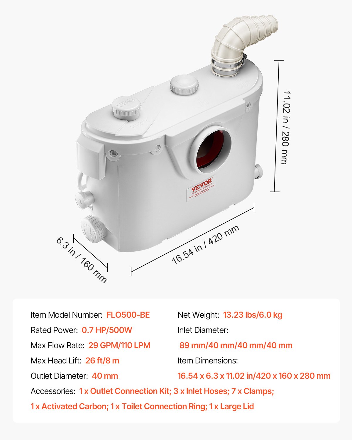 VEVOR Macerator Pump, 500W, 110 L/min(29 GPM) Flow, 26 ft/8 m Head, Macerator Sewerage Toilet Pump with 4 Water Inlets, Waste Water Disposal Upflush Machine for Toilet, Basement, Shower, Sink, Laundry, Bathtub
