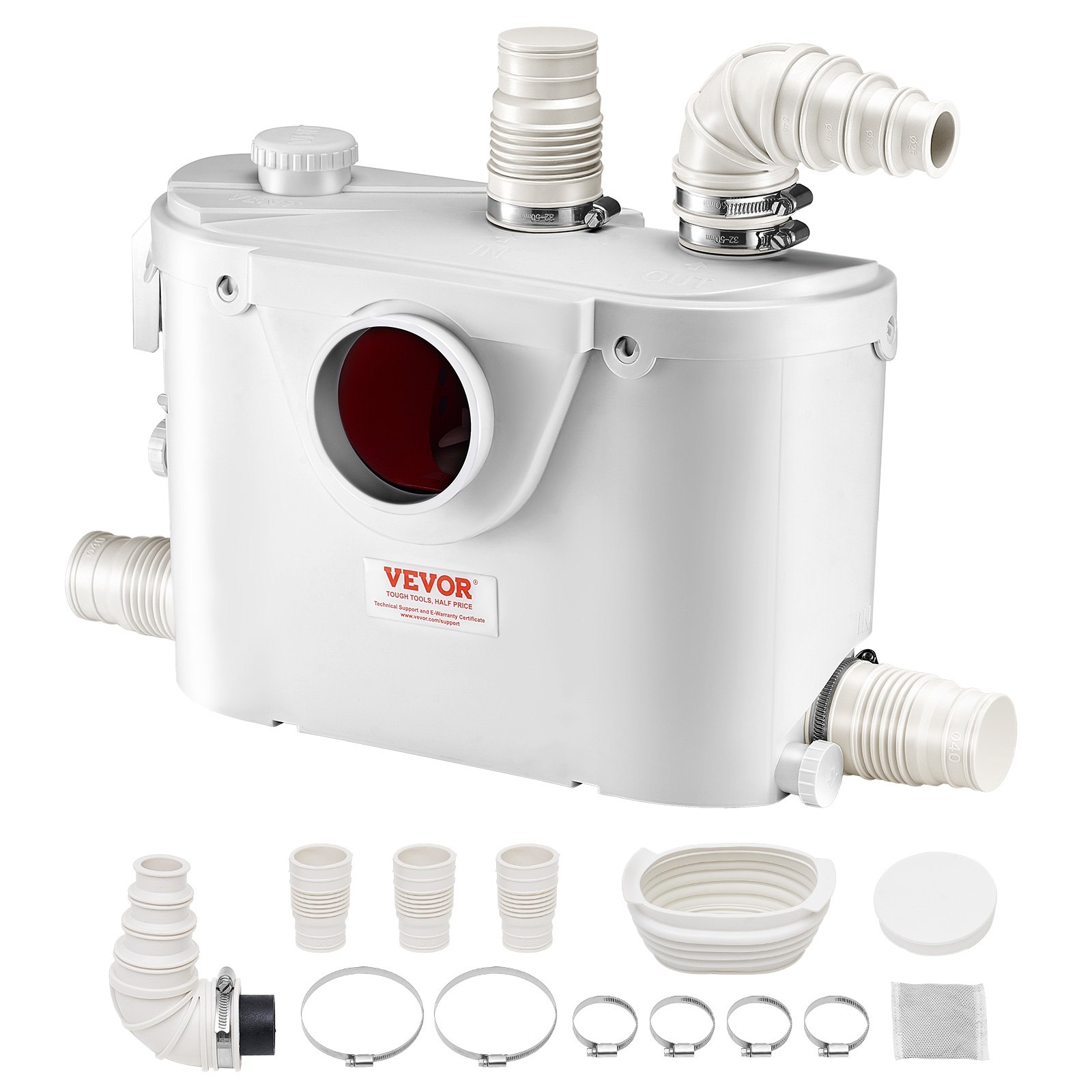 VEVOR Macerator Pump, 500W, 110 L/min(29 GPM) Flow, 26 ft/8 m Head, Macerator Sewerage Toilet Pump with 4 Water Inlets, Waste Water Disposal Upflush Machine for Toilet, Basement, Shower, Sink, Laundry, Bathtub