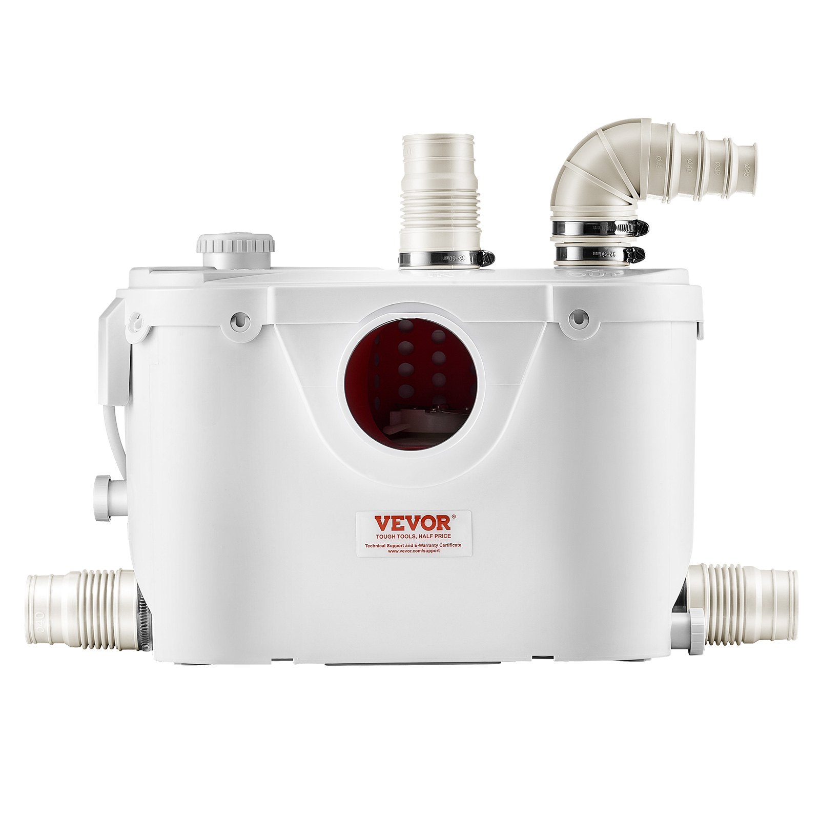 VEVOR Macerator Pump, 500W, 110 L/min(29 GPM) Flow, 26 ft/8 m Head, Macerator Sewerage Toilet Pump with 4 Water Inlets, Waste Water Disposal Upflush Machine for Toilet, Basement, Shower, Sink, Laundry, Bathtub