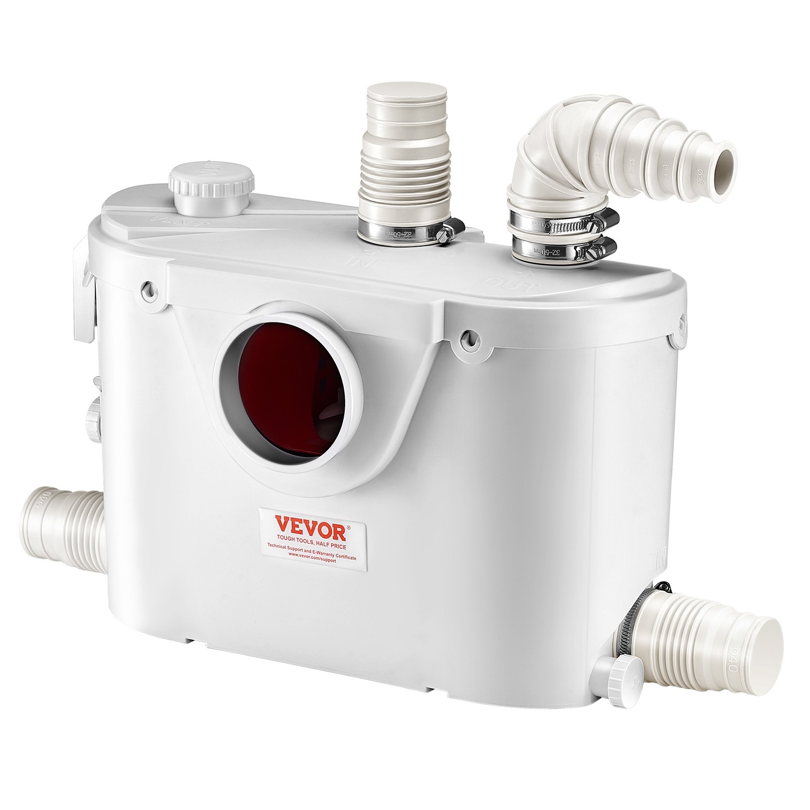 VEVOR Macerator Pump, 500W, 110 L/min(29 GPM) Flow, 26 ft/8 m Head, Macerator Sewerage Toilet Pump with 4 Water Inlets, Waste Water Disposal Upflush Machine for Toilet, Basement, Shower, Sink, Laundry, Bathtub