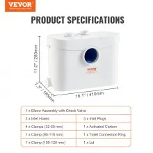 VEVOR Macerator Pump, 700W, 9600 L/h Flow, 32.8 ft/10 m Head, Macerator Sewerage Sump Pump with 3 Water Inlets for Toilet, Basement, Kitchen, Sink, Shower, Bathtub Waste Water Disposal Upflush Machine