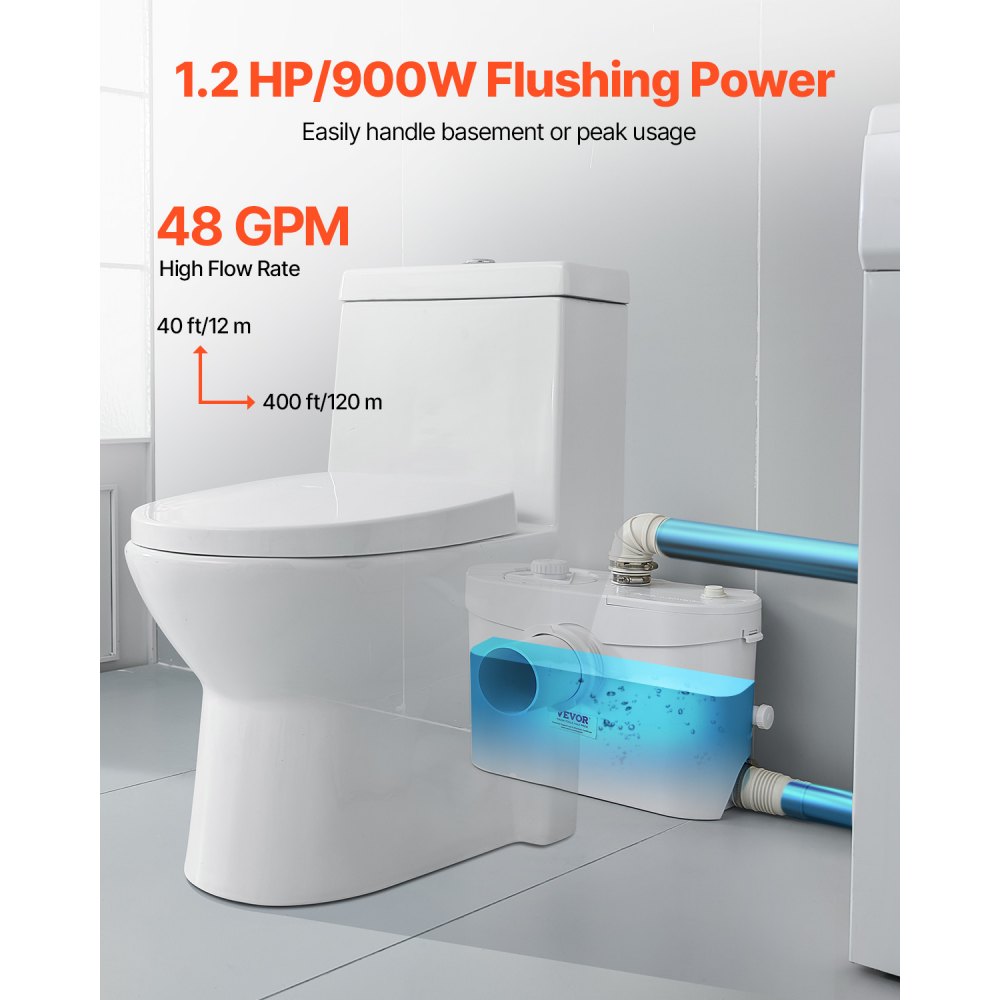 VEVOR Macerator Pump, 900W, 180 L/min(48 GPM) Flow, 40 ft/12 m Head, Macerator Sewerage Toilet Pump with 4 Water Inlets, Waste Water Disposal Upflush Machine for Toilet, Basement, Shower, Sink, Laundry, Bathtub