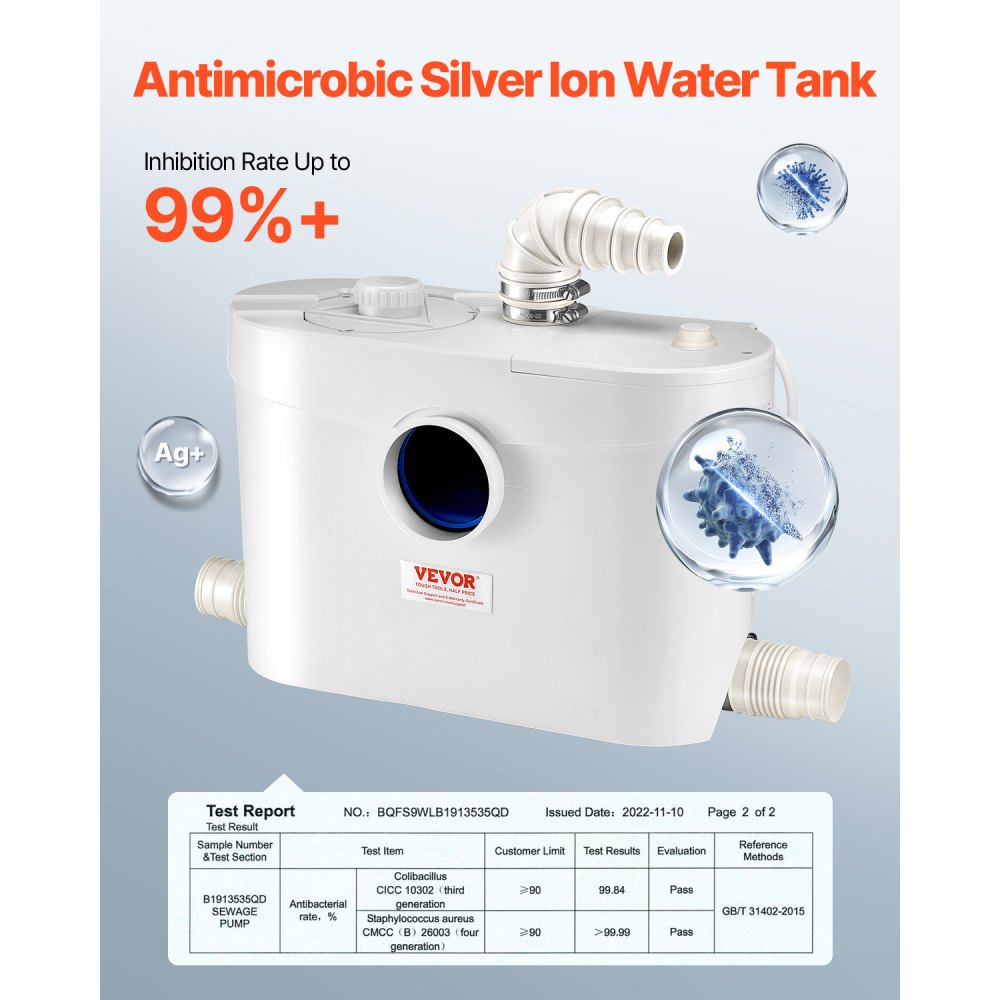 VEVOR Macerator Pump, 900W, 180 L/min(48 GPM) Flow, 40 ft/12 m Head, Macerator Sewerage Toilet Pump with 4 Water Inlets, Waste Water Disposal Upflush Machine for Toilet, Basement, Shower, Sink, Laundry, Bathtub