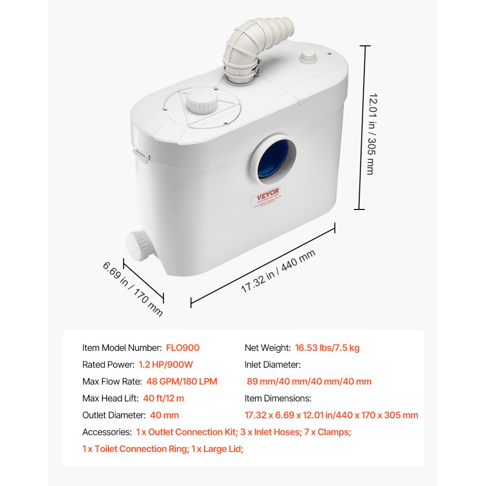 VEVOR Macerator Pump, 900W, 180 L/min(48 GPM) Flow, 40 ft/12 m Head, Macerator Sewerage Toilet Pump with 4 Water Inlets, Waste Water Disposal Upflush Machine for Toilet, Basement, Shower, Sink, Laundry, Bathtub