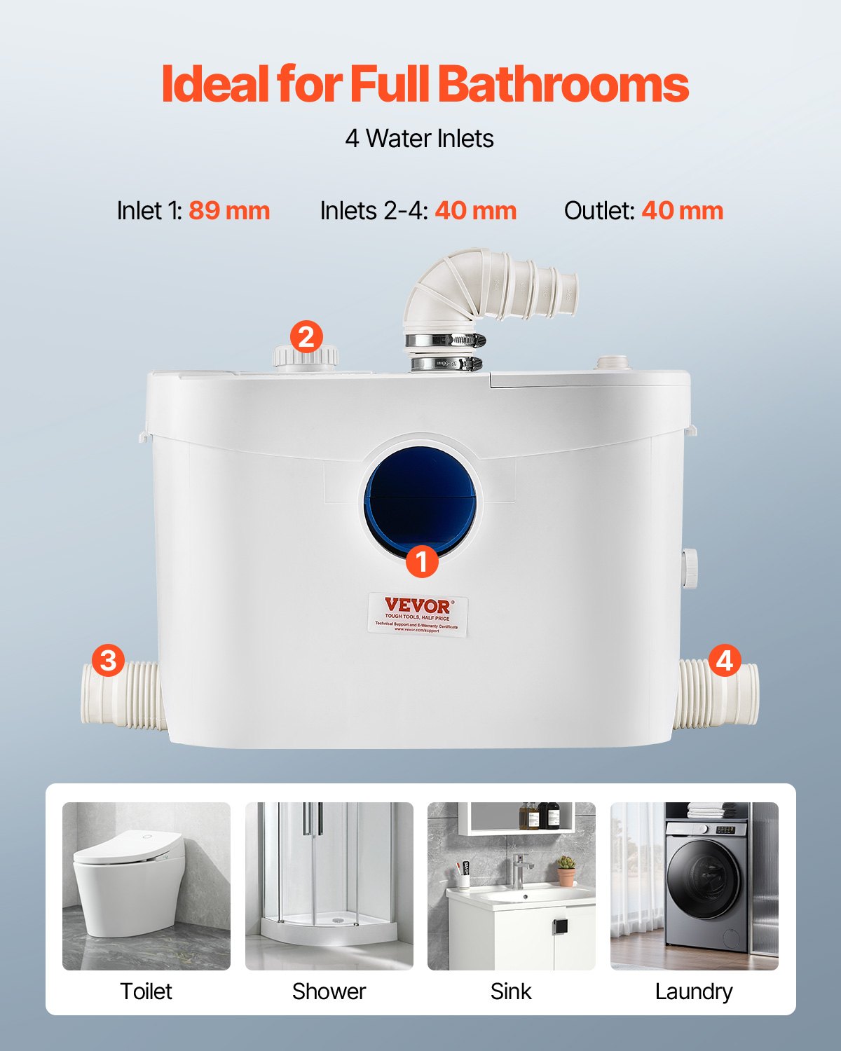 VEVOR Macerator Pump, 900W, 180 L/min(48 GPM) Flow, 40 ft/12 m Head, Macerator Sewerage Toilet Pump with 4 Water Inlets, Waste Water Disposal Upflush Machine for Toilet, Basement, Shower, Sink, Laundry, Bathtub
