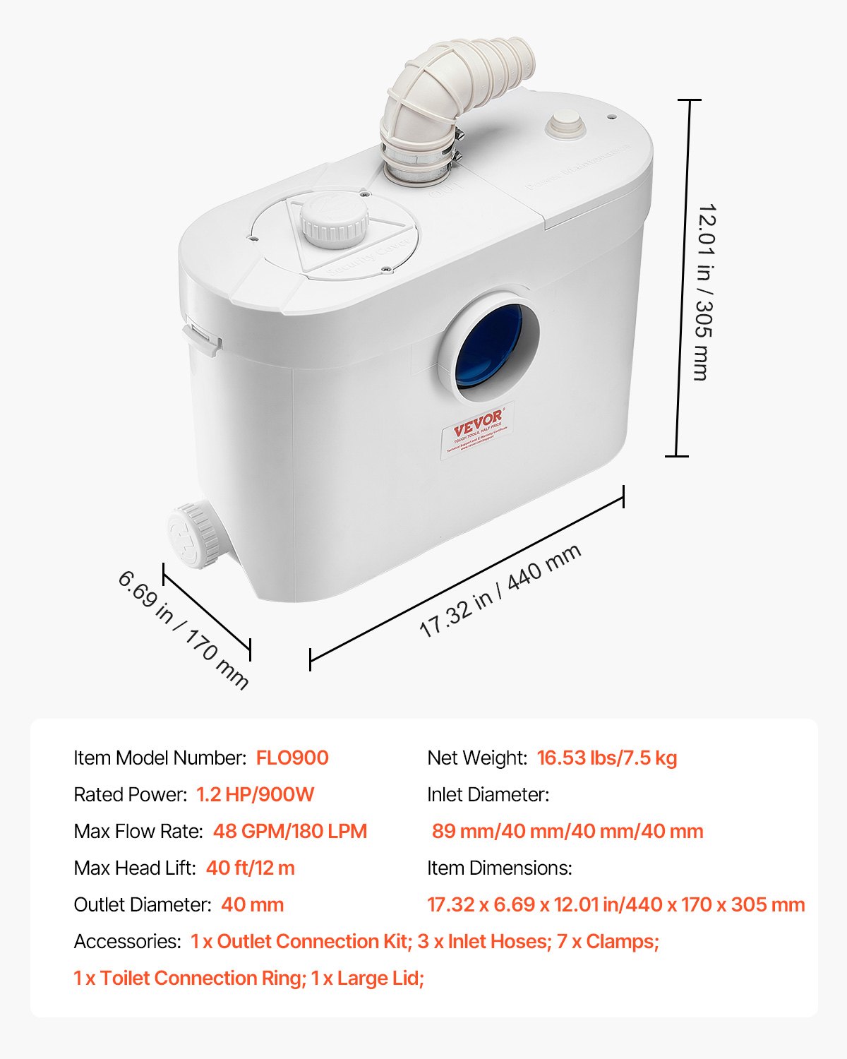 VEVOR Macerator Pump, 900W, 180 L/min(48 GPM) Flow, 40 ft/12 m Head, Macerator Sewerage Toilet Pump with 4 Water Inlets, Waste Water Disposal Upflush Machine for Toilet, Basement, Shower, Sink, Laundry, Bathtub