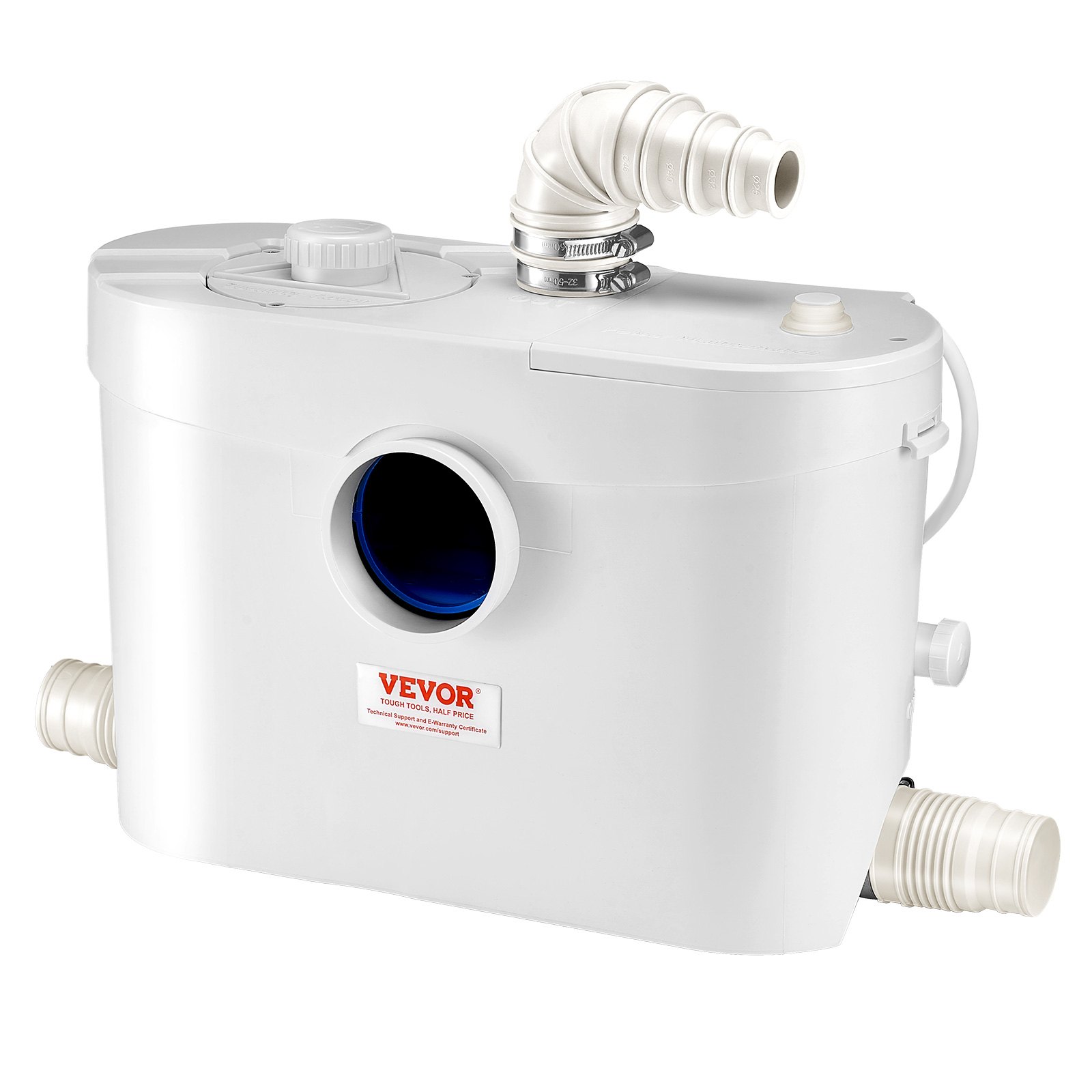 VEVOR Macerator Pump, 900W, 180 L/min(48 GPM) Flow, 40 ft/12 m Head, Macerator Sewerage Toilet Pump with 4 Water Inlets, Waste Water Disposal Upflush Machine for Toilet, Basement, Shower, Sink, Laundry, Bathtub