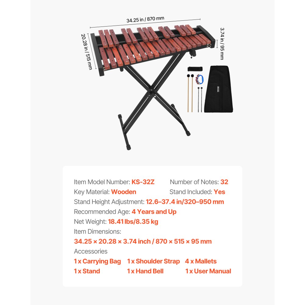 VEVOR Glockenspiel Xylophone, 32 Notes, Wooden Professional Xylophone Percussion Instrument, with Height Adjustable Stand, 4 Mallets, Carrying Bag, Beginner Musical Instrument Kit for Adults and Kids