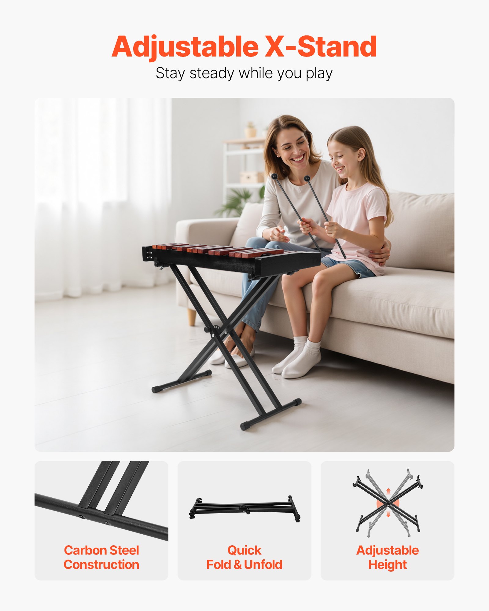 VEVOR Glockenspiel Xylophone, 32 Notes, Wooden Professional Xylophone Percussion Instrument, with Height Adjustable Stand, 4 Mallets, Carrying Bag, Beginner Musical Instrument Kit for Adults and Kids