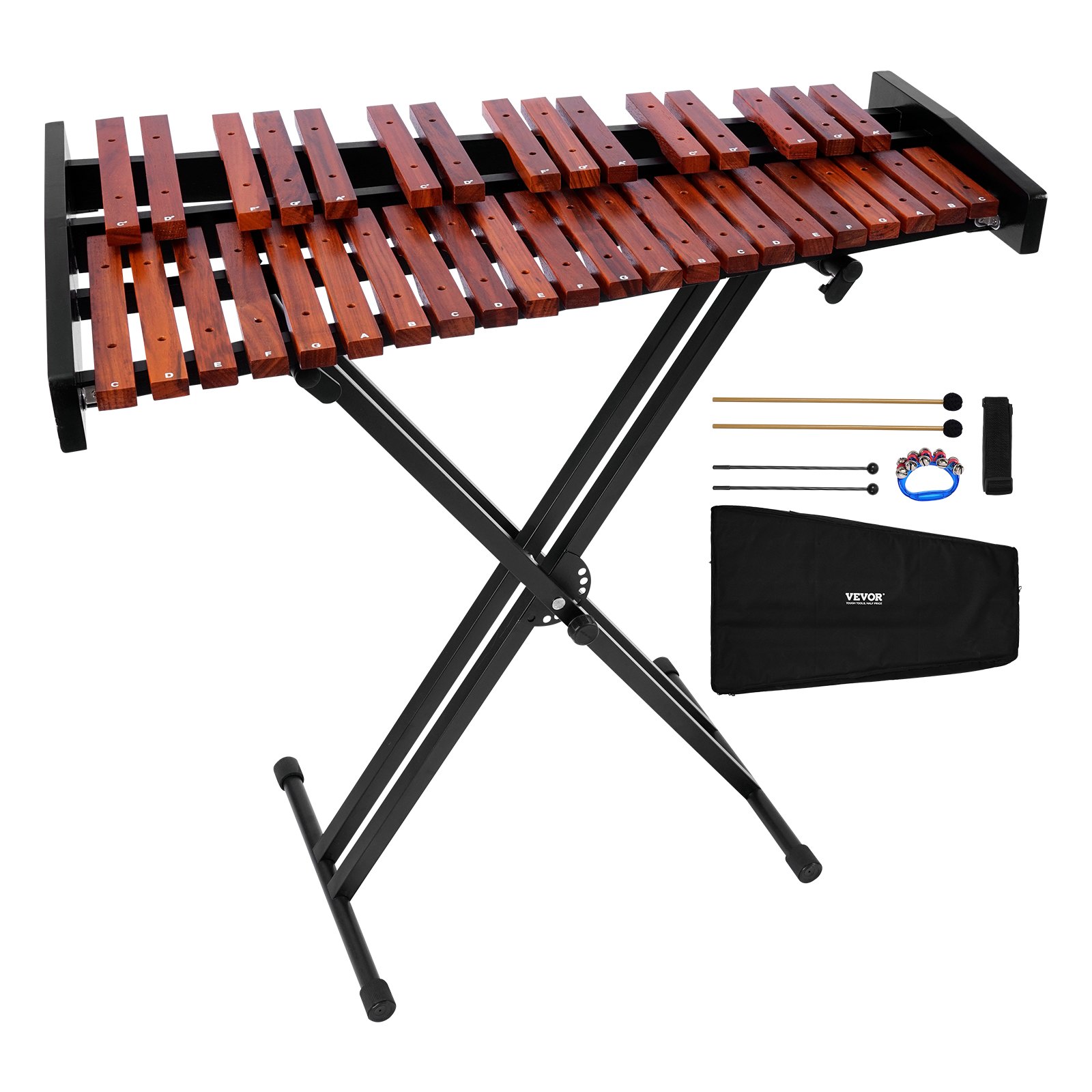 VEVOR Glockenspiel Xylophone, 37 Notes, Wooden Professional Xylophone Percussion Instrument, with Height Adjustable Stand, 4 Mallets, Carrying Bag, Beginner Musical Instrument Kit for Adults and Kids