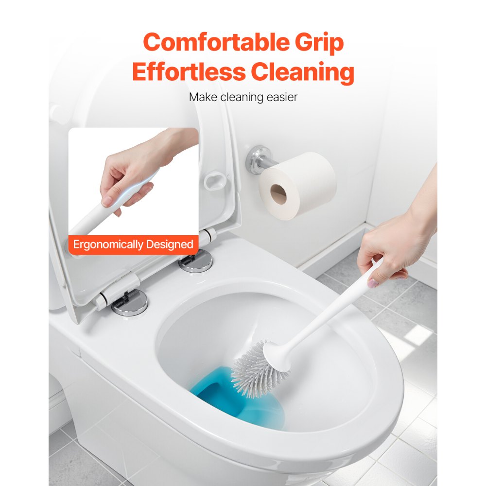 VEVOR Toilet Brush and Holder Set, Toilet Bowl Brush and Holder with Comfortable PP Handle, Compact Bathroom Scrubber Cleaner, Deep Cleaning and Drip-Proof, for Bathroom, RV & Toilets (White & Grey)