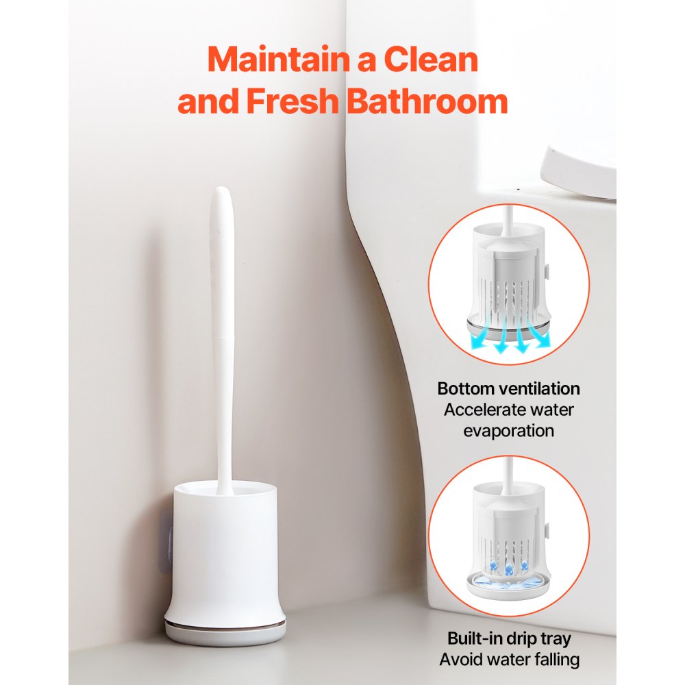 VEVOR Toilet Brush and Holder Set, Toilet Bowl Brush and Holder with Comfortable PP Handle, Compact Bathroom Scrubber Cleaner, Deep Cleaning and Drip-Proof, for Bathroom, RV & Toilets (White & Grey)