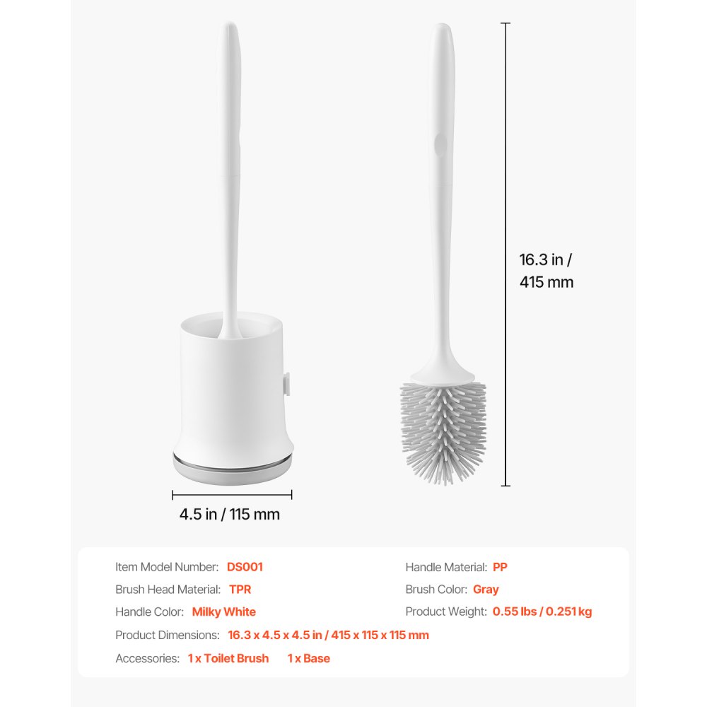 VEVOR Toilet Brush and Holder Set, Toilet Bowl Brush and Holder with Comfortable PP Handle, Compact Bathroom Scrubber Cleaner, Deep Cleaning and Drip-Proof, for Bathroom, RV & Toilets (White & Grey)
