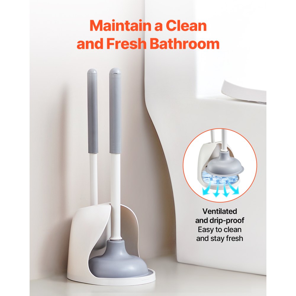 VEVOR - Juego de escobilla y desatascador para inodoro, 2 en 1, con soporte ventilado, limpieza profunda de 360° y antigoteo, para baño, caravana e inodoro (blanco y gris)