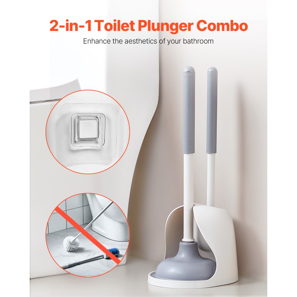 VEVOR - Juego de escobilla y desatascador para inodoro, 2 en 1, con soporte ventilado, limpieza profunda de 360° y antigoteo, para baño, caravana e inodoro (blanco y gris)