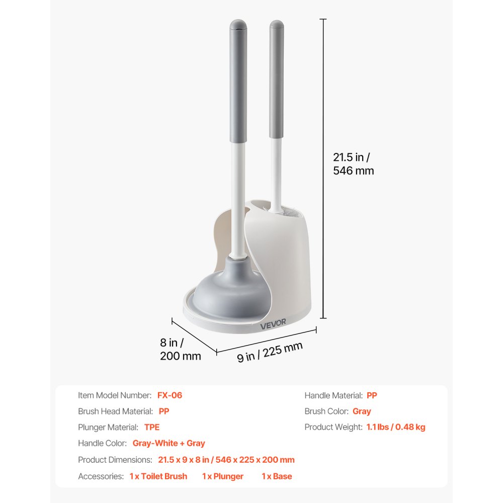 VEVOR - Juego de escobilla y desatascador para inodoro, 2 en 1, con soporte ventilado, limpieza profunda de 360° y antigoteo, para baño, caravana e inodoro (blanco y gris)