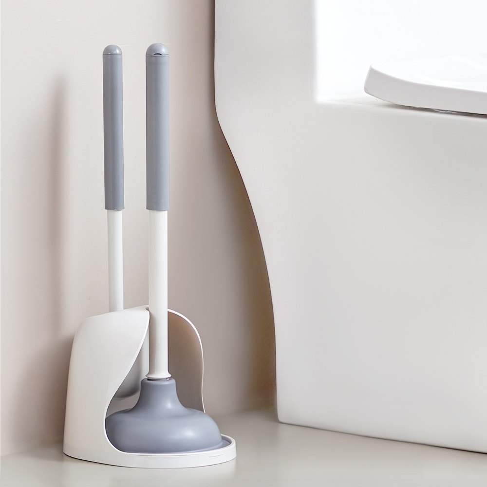 VEVOR - Juego de escobilla y desatascador para inodoro, 2 en 1, con soporte ventilado, limpieza profunda de 360° y antigoteo, para baño, caravana e inodoro (blanco y gris)