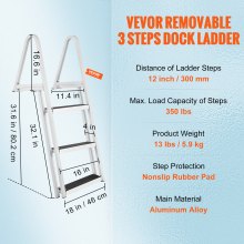 VEVOR Dock Ladder, Removable 3 Steps, 159 kg Load Capacity, Aluminum Alloy Pontoon Boat Ladder with 101.6 mm Wide Step & Nonslip Rubber Mat, Easy to Install for Ship/Lake/Pool/Marine Boarding