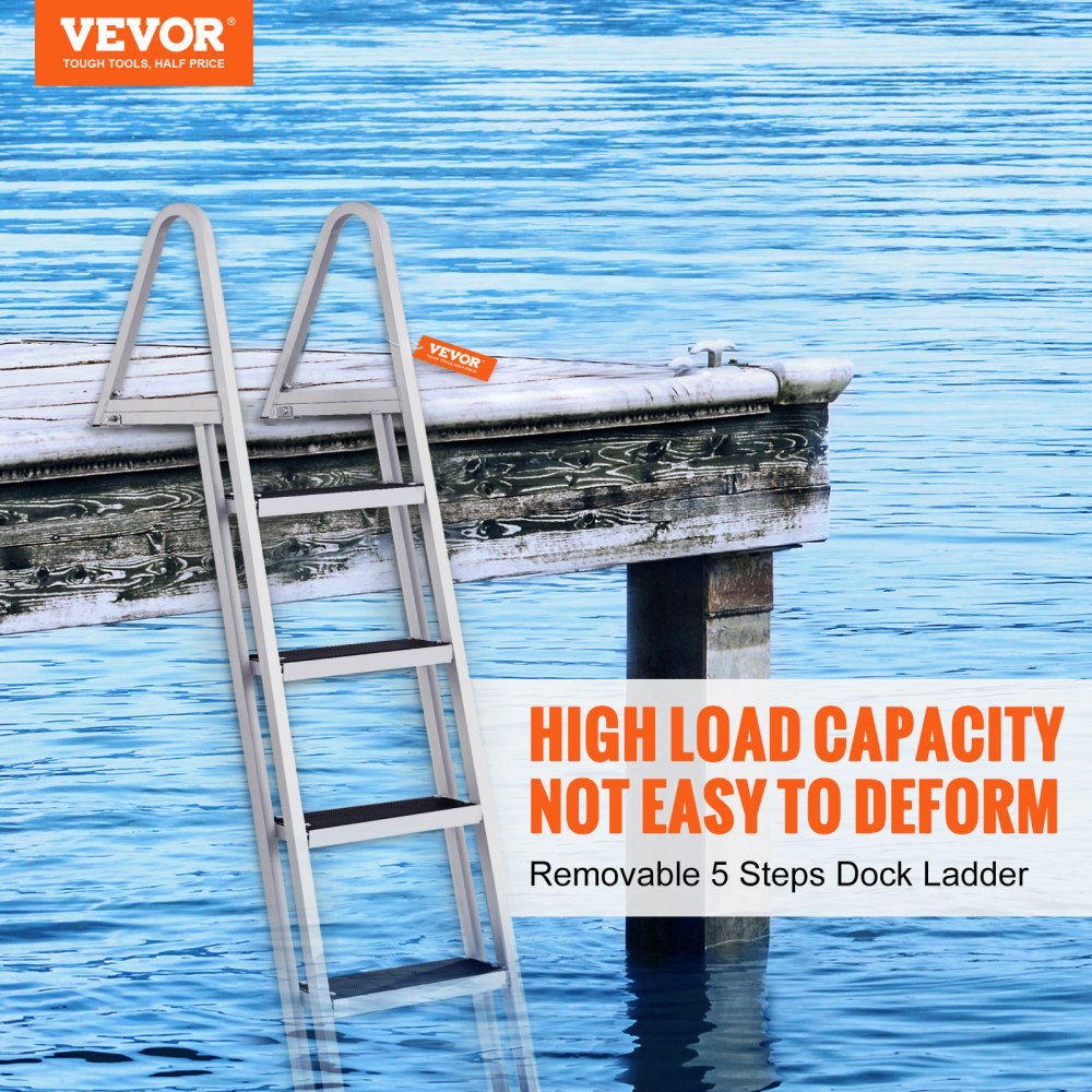 VEVOR Dock Ladder Removable Large Load Capacity Aluminum Alloy Pontoon Boat Ladder - 5 Steps, 350 lbs
