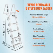 VEVOR Dock Ladder, Removable 5 Steps, 350 lbs Load Capacity, Aluminum Alloy Pontoon Boat Ladder with 4'' Wide Step & Nonslip Rubber Mat, Easy to Install for Ship/Lake/Pool/Marine Boarding