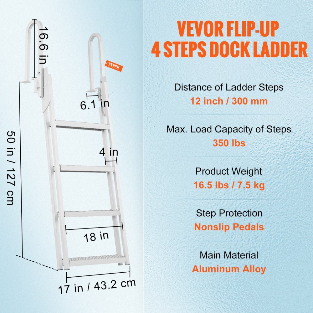 VEVOR Dock Ladder Flip Up 4 Steps, 159 kg Load Capacity, Aluminum Pontoon Boat Ladder with 4" Wide Step & Anti-Slip Design Pedal,Swimm Step Ladder for Ship/Lake/Pool/Marine Boarding