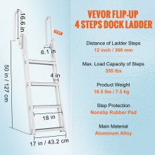 VEVOR Dock Ladder Flip Up 4 Steps, 159kgs Load Capacity, Aluminum Pontoon Boat Ladder with 4" Wide Step & Nonslip Rubber Mat,Swimm Step Ladder for Ship/Lake/Pool/Marine Boarding