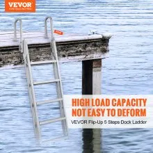 VEVOR Dock Ladder Flip Up 5 Steps, 350lbs Load Capacity, Aluminum Pontoon Boat Ladder with 4" Wide Step & Nonslip Rubber Mat,Swimm Step Ladder for Ship/Lake/Pool/Marine Boarding