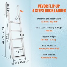 VEVOR Dock Ladder, Flip-Up 5 Steps, 350 lbs Load Capacity, Aluminum Alloy Pontoon Boat Ladder with 4'' Wide Step & Nonslip Rubber Mat, Easy to Install for Ship/Lake/Pool/Marine Boarding