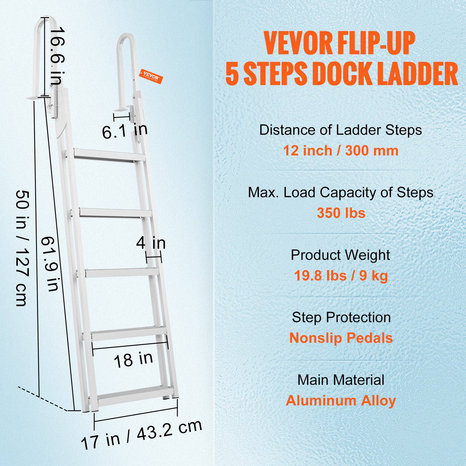 VEVOR Dock Ladder Flip Up 5 Steps, 350lbs Load Capacity, Aluminum Pontoon Boat Ladder with 4" Wide Step & Nonslip Rubber Mat,Swimm Step Ladder for Ship/Lake/Pool/Marine Boarding