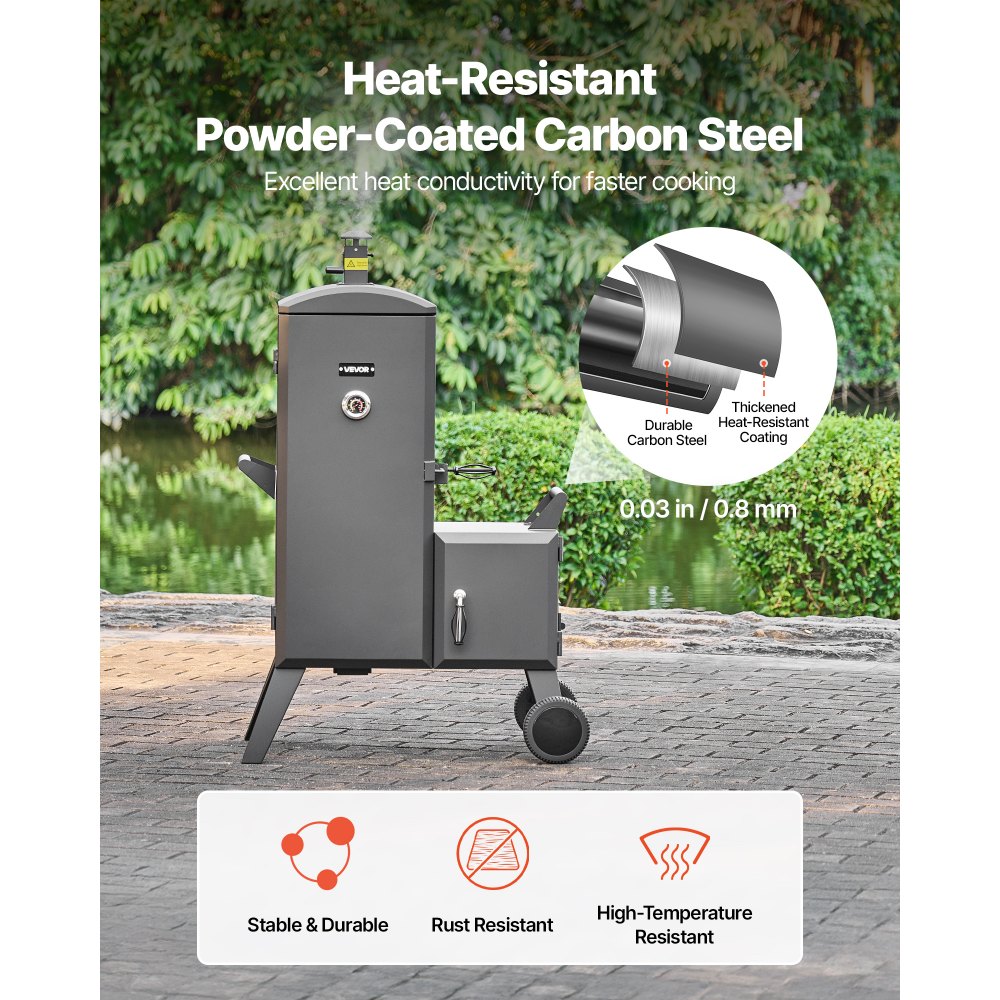 VEVOR Charcoal Offset Smoker, Heavy-Duty Steel BBQ Offset Smoker with Side Firebox, Movable Outdoor Barbecue Smokers with 6 Adjustable Grates, Thermometer & Air Vents for Backyard Patio Party Cooking