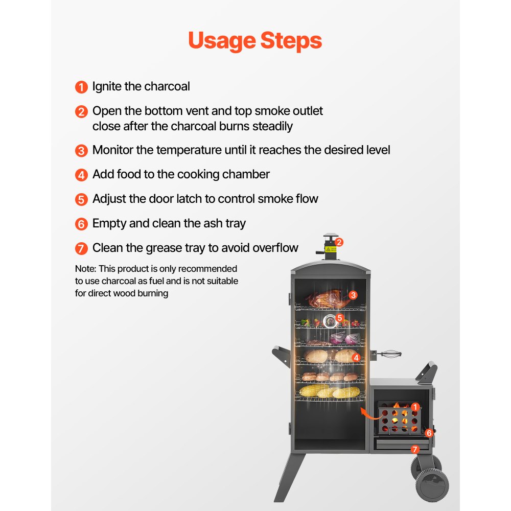 VEVOR Charcoal Offset Smoker, Heavy-Duty Steel BBQ Offset Smoker with Side Firebox, Movable Outdoor Barbecue Smokers with 6 Adjustable Grates, Thermometer & Air Vents for Backyard Patio Party Cooking