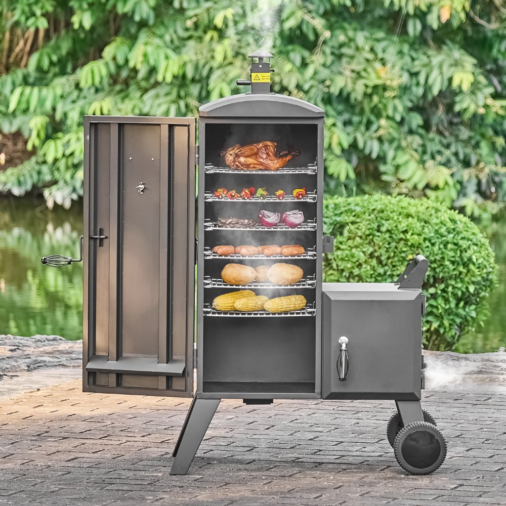 VEVOR Charcoal Offset Smoker, Heavy-Duty Steel BBQ Offset Smoker with Side Firebox, Movable Outdoor Barbecue Smokers with 6 Adjustable Grates, Thermometer & Air Vents for Backyard Patio Party Cooking