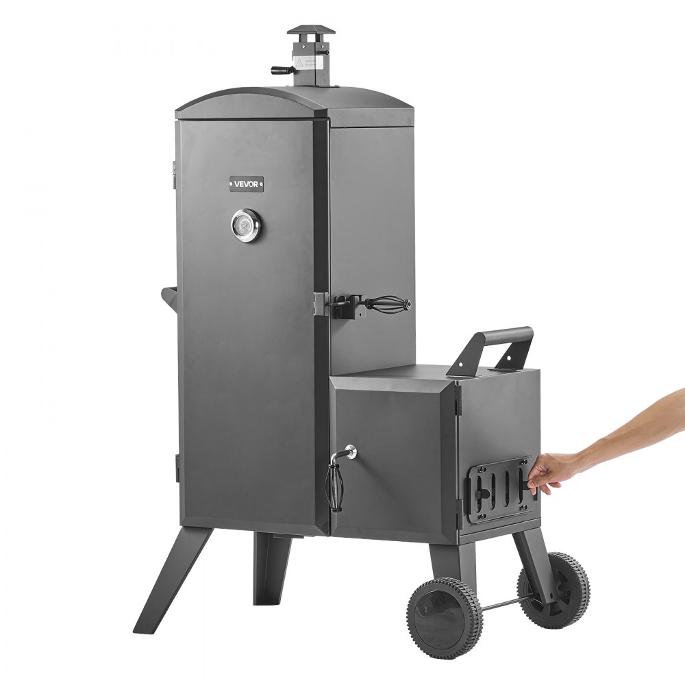 VEVOR Charcoal Offset Smoker, Heavy-Duty Steel BBQ Offset Smoker with Side Firebox, Movable Outdoor Barbecue Smokers with 6 Adjustable Grates, Thermometer & Air Vents for Backyard Patio Party Cooking